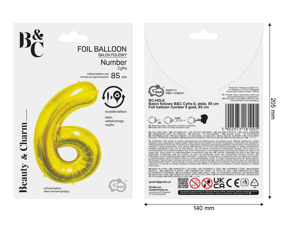 Foil Balloon B&C Number 6, Gold, 85 cm